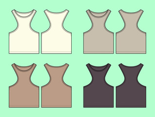 Women summer fashion crop tank top colour way set technical drawing fashion flat sketch vector illustration template front and back views outline CAD mockup