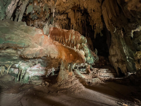 Stunning stalactite and stalagmite formations in phang nga bay cave