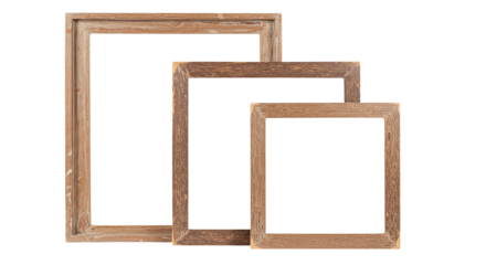 Rustic wooden frames for art display and home decor design elements isolated on a transparent background