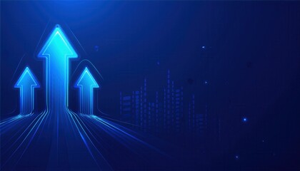 futuristic glowing blue arrows upward on digital background for web design, tech branding, business growth, data concept, abstract graphic illustration

