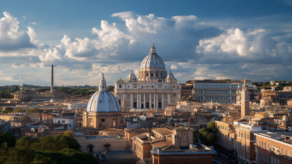 Stunning panoramic view of Vatican at sunset with iconic architecture and clouds above. Peaceful and majestic panorama captures timeless beauty of holy Vatican, city of faith and pillar of religion
