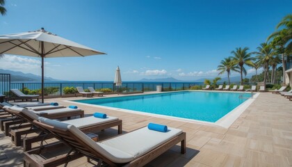 Obraz premium Modern residence - hotel , with swimming pol and sunbeds