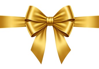 Fototapeta premium A golden satin bow with a horizontal ribbon on a white background in a centered composition view