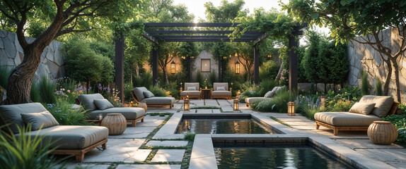 Luxurious outdoor lounge area with swimming pool and sophisticated garden landscaping