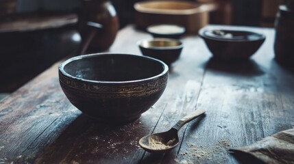 Japanese tea ceremony with traditional bowls and spoon for culture ritual calm zen minimal antique lifestyle