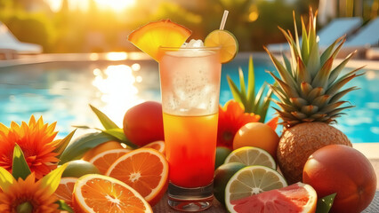 Fototapeta premium Refreshing tropical summer drink served poolside with fresh fruit garn