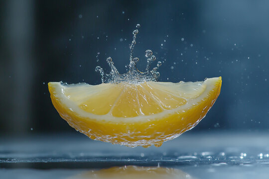 A lemon slice suspended in the air, with water droplets and splashes on it. - Powered by Adobe