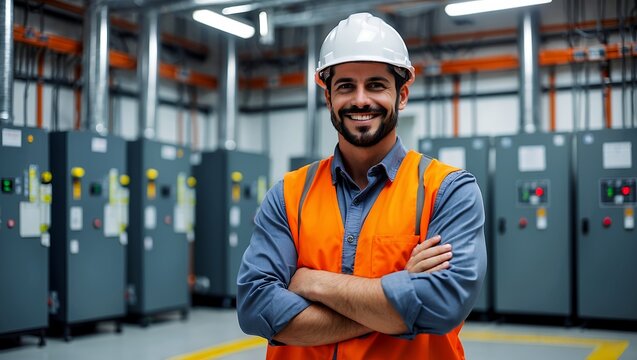 Confident electrical engineer in safety gear at control panel