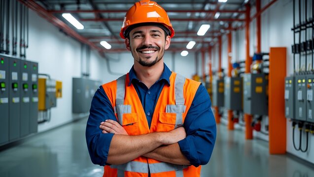 Confident electrical engineer in safety gear at facility