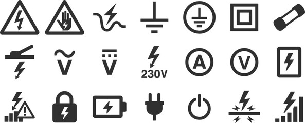 Electrical voltage marking glyph icon set. Vector pictograms of power plug, lightning, hazard, fuse, energy, warning tagout, black sign silhouette illustration.