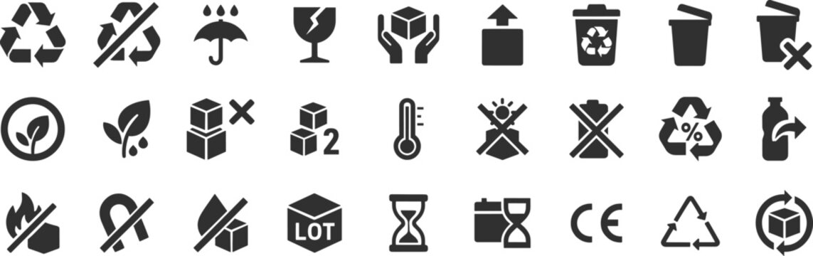 Recycling and packaging glyph icon set. Vector pictograms of compostable, biodegradable, leaf, reusable, trash bin, umbrella, raindrop, fragile, black sign silhouette illustration.