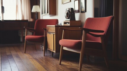 Retro style living room interior with red chairs and wood floor for vintage decor cozy modern apartment