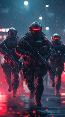 Fototapeta premium Futuristic soldiers advancing through neon rain-soaked streets