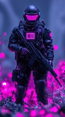 Naklejka premium Futuristic soldier in vibrant forest with glowing flora