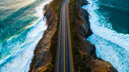 Scenic coastal road stretches along narrow strip of land, surrounded by dramatic ocean waves on both sides, under vibrant sky