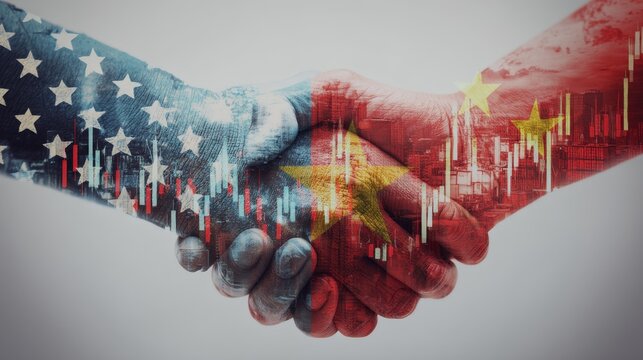 Global economy visualized as a double exposure of two shaking hands filled with graphs and blended US and China flags