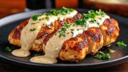 Indulge in crispy Parmesan crusted chicken topped with creamy Gruyere cheese on a rustic dark plate