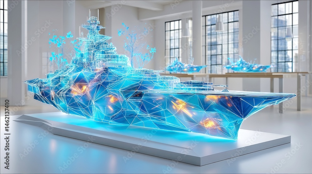 Poster next-gen ship development workshop, featuring a laser-etched holographic model for prototyping, set 