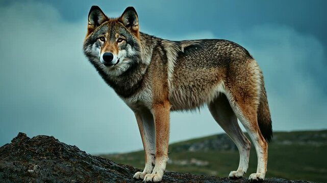 Majestic wolf standing on rocky terrain. Wild animal in natural habitat video clip, looking at camera. Wilderness wildlife concept for nature documentary film.