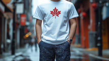 Casual Streetwear Look for Canada Day Celebration Featuring Maple Leaf Tee