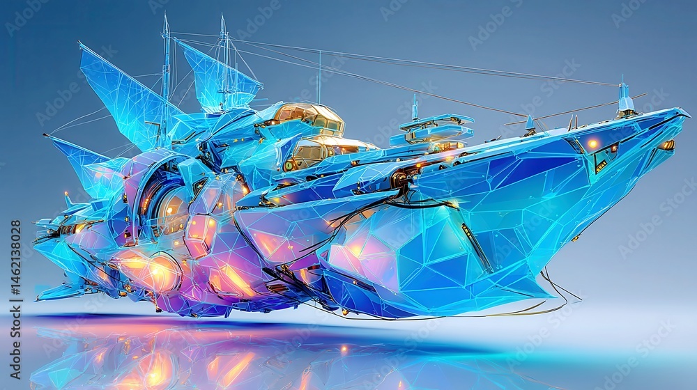 Poster sci-fi vessel design workshop, featuring a transparent wireframe model of a futuristic seafaring shi