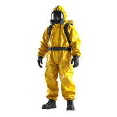 Naklejka premium Person wearing a yellow hazmat suit with gloves, boots, and a full-face respirator mask.