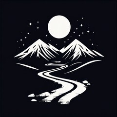 Obraz premium Night mountain landscape with winding river. Possible use stock photo for nature, adventure, travel, or wallpaper