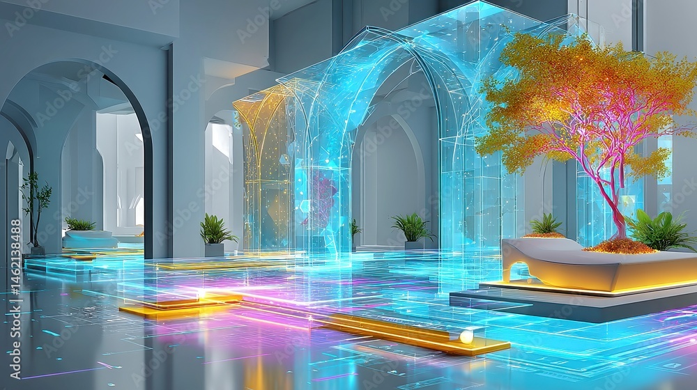 Poster futuristic marine architecture model, showcasing holographic light layers and digital drafting tools