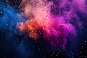 A burst of Holi colors in the air, with particles of powder suspended in mid-motion against a solid backdrop