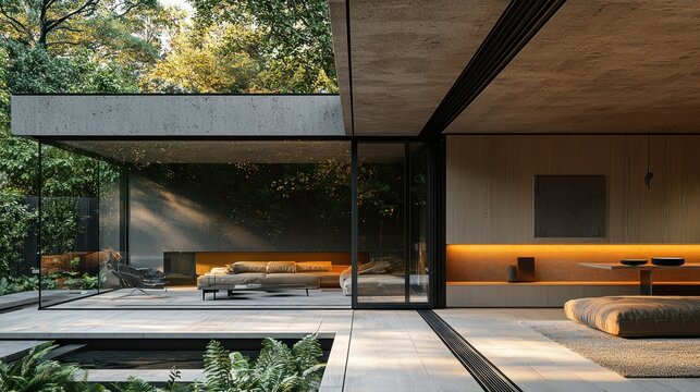 Modern, minimalist house with expansive glass facade, showcasing natural light and views of the lush garden. 