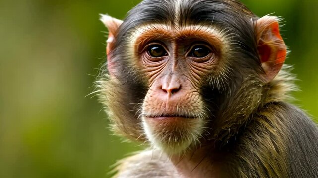 Close up of a monkey face with detail video clip. Primate behavior and expression footage. Wild animal with expressive eyes in the nature. Mammal with thoughtful look.