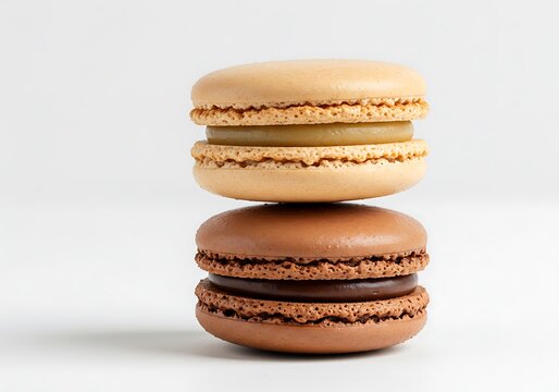 A stack of two macarons in light brown and dark brown on a white background in studio lighting