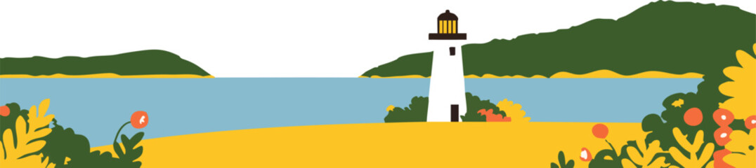 Coastal lighthouse, a beacon of hope against the serene backdrop. The lighthouse stands tall and proud, casting a warm glow and guiding ships safely towards the shore.border, frame border, frame,