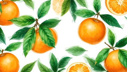 A vibrant watercolor illustration of juicy oranges with lush green leaves and sliced segments, capturing the refreshing essence of citrus fruits.