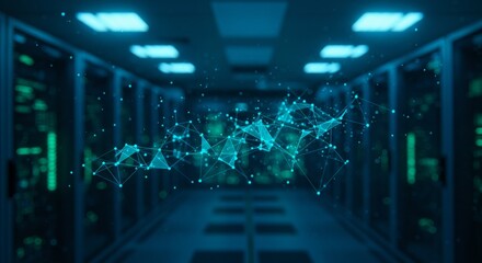 Futuristic server room with digital network, advanced technology concept