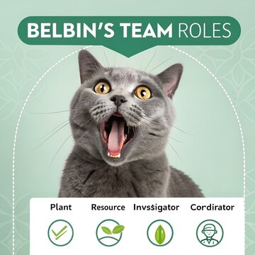 Humorous Belbin's Team Roles infographic featuring a yawning grey cat above icons representing "Plant," "Resource Investigator," "Monitor Evaluator," and "Coordinator," against a light green backgroun