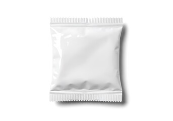 A white square pouch with a sealed edge lies flat on a white background casting a soft shadow beneath it