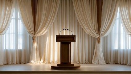 Elegant podium surrounded by serene drapery