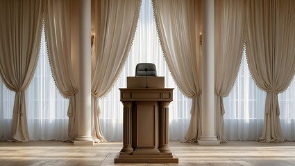 Obraz premium Elegant podium surrounded by soft draping curtains