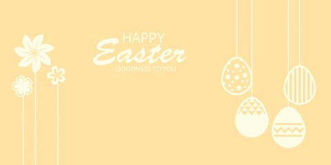 Soft pastel Easter background featuring hanging decorative eggs and floral shapes, with Happy Easter text for seasonal greeting cards.