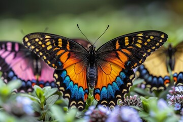 Fototapeta premium Colorful butterflies resting on vibrant flowers in a sunny garden during springtime