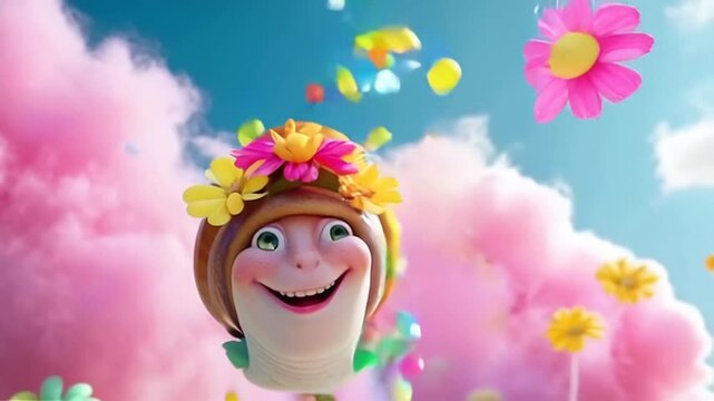 Whimsical Snail With Flowers Smiling Happily with Confetti Under Sunny Sky with Pink Clouds Background Spring Celebration Cartoon Style Design