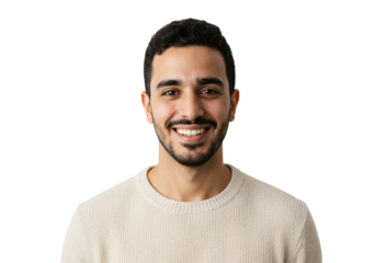 Cheerful young Middle-Eastern man in a cream-colored sweater smiling warmly at the camera against a plain black background, showcasing a friendly demeanor and inviting expression.