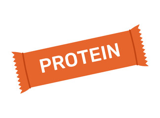 Closed energy protein bar in orange wrapper. Fitness snack with cereals and chocolate. Sport supplement. Healthy nutrition. Vector flat illustration isolated on white background