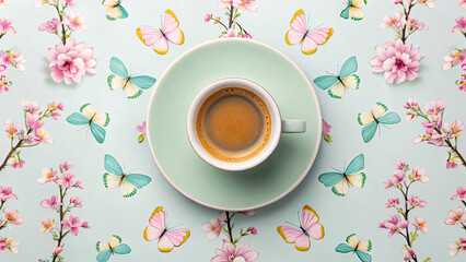 Cup of espresso on pastel green saucer sits on floral and butterfly patterned background, creating cheerful and vibrant scene