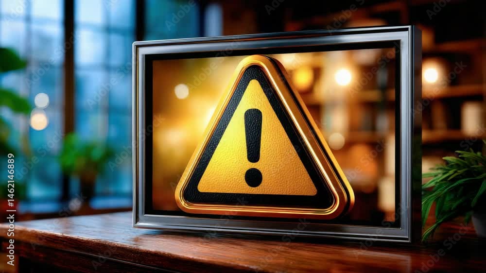 Poster a digital warning sign with an exclamation mark is displayed on a screen in a cozy indoor setting wi