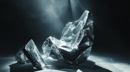 Naklejka premium Black and white crystal shards on dark background dramatic lighting elegant precious stones abstract mysterious geometry