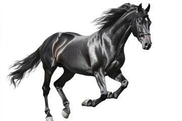 Majestic black horse standing tall, ultra-realistic photo on white background