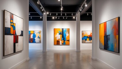 Illuminated contemporary art gallery featuring abstract paintings