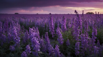 Obraz premium Serene Sunset Landscape Vibrant Purple Flower Field at Dusk